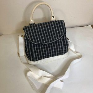 Vintage Liz Claiborne Navy Blue & White Plaid Bucket Bag w/ Removable Straps